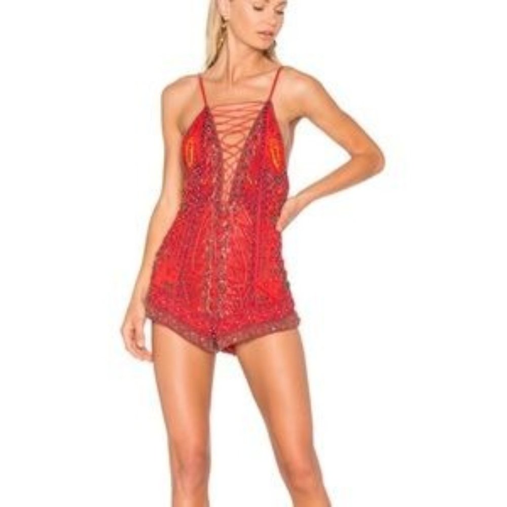 Revolve Bright Red Beaded Romper - NBD Brand